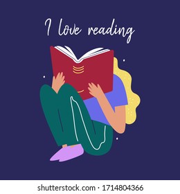 Young woman reading a book. Poster about love to reading. Lettering - I love reading.Flat vector illustration.