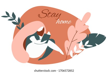 Young woman reading book. Self-quarantine concept. Reading books at home during an outbreak of the COVID-19 virus. Coronavirus quarantine preventive measures. Prevent infection spreading. Vector