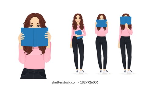 Young woman reading book set isolated vector illustration