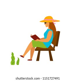 young woman reading book sitting on a bench in a park graphic