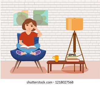 Young woman reading book sitting on armchair. Colorful cartoon vector illustration of girl studying. Modern living room flat style interior with floor lamp, house plant, table.
