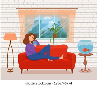 Young woman reading book sitting on the sofa. Colorful cartoon vector illustration of girl studying. Modern living room flat style interior with floor lamp, window, cat, aquarium fish, house plant.