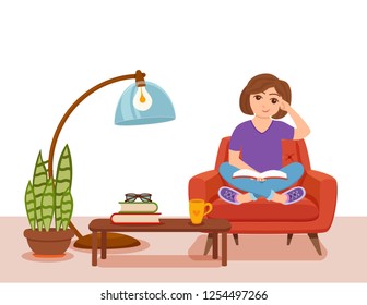 Young woman reading book sitting on armchair. Colorful cartoon vector illustration of girl studying. Modern living room flat style interior with floor lamp, house plant, table.