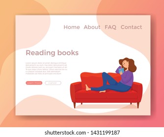 Young woman reading book sitting on the sofa. Colorful cartoon vector illustration of girl studying. Modern living room flat style interior with floor lamp, window, cat, aquarium fish, house plant.