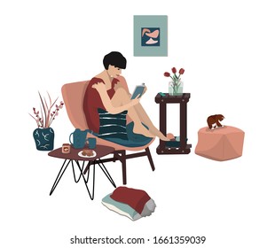 Young woman reading a book sitting in a chair, cozy modern interior and cat. The girl is resting at home with her pet.  Book lovers, readers. Vector illustration isolated on a white background.