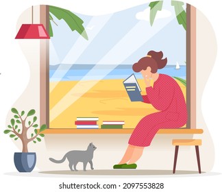 Young woman reading book sitting near window in living room, studying at home, book lover's hobby. Student resting with book, female character is fond of literature, enjoys reading, gets education