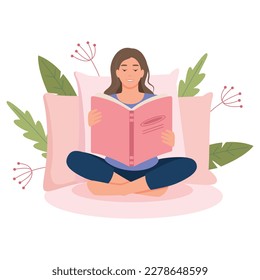 Young woman reading book, sitting  on soft pillows. Leisure and education cont. Relaxation with reading literature. Girl relaxing at home. Student reads textbook. 
Flat vector illustration.