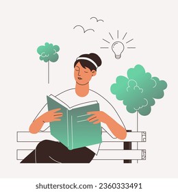 Young woman reading book sitting on bench in park. Outdoor activity. Vector illustration. Idea bulb over her head.