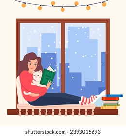 Young woman reading book sitting on the windowsill. Girl spent time for reading book on holiday or vacation with pet. Window with winter landscape with falling snow cartoon vector illustra