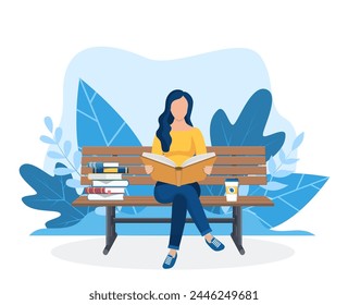 Young woman reading book sitting on the bench. Education, reading, studying. Vector illustration in flat style. Vector illustration in flat style