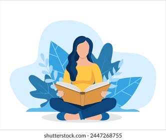 Young woman reading book sitting in nature. Education, reading, studying. Vector illustration in flat style. Vector illustration in flat style