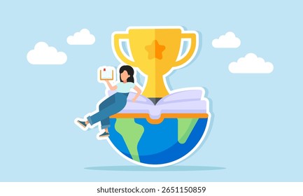 Young woman reading a book sitting on half globe with an open book and a trophy on top illustration of becoming a science olympiad champion