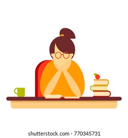 Young woman reading a book sitting at the desk with piles of books. Student girl at the library. Modern cartoon female character in simple and clear flat style isolated on white background.