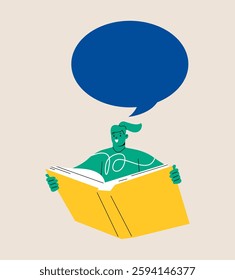 Young woman reading book. Speech bubble above. Colorful vector illustration

