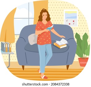 Young woman reading book standing near stack of books in living room, studying at home. Housewife resting with book, female character is fond of literature, enjoys reading, gets education