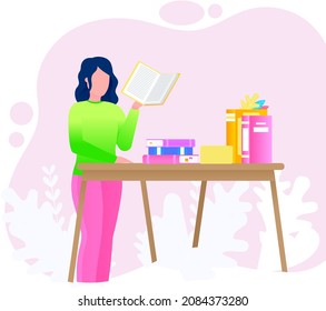 Young woman reading book standing near stack of books in living room, studying at home. Housewife resting with book, female character is fond of literature, enjoys reading, gets education