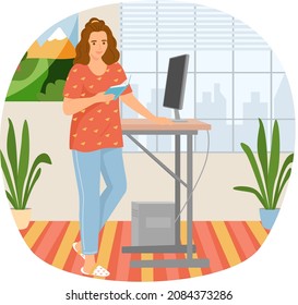 Young woman reading book standing near table with computer in living room, studying at home. Housewife is resting with book, female character is fond of literature, enjoys reading, gets education