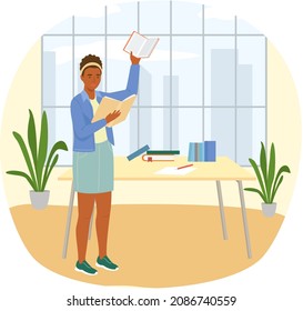 Young woman reading book standing near stack of books in living room, studying at home. Housewife resting with book, female character is fond of literature, enjoys reading, gets education