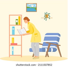 Young woman reading book standing near stack of books in living room, studying at home. Housewife resting with book, female character is fond of literature, enjoys reading, gets education