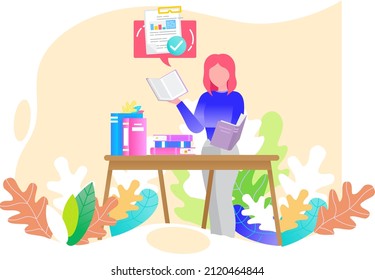 Young woman reading book standing near stack of books in living room, studying at home. Housewife resting with book, female character is fond of literature, enjoys reading, gets education