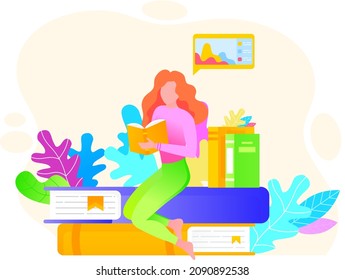 Young woman reading book, studying at home, book lovers hobby. Student resting with book, female character is fond of literature, enjoys reading, gets education