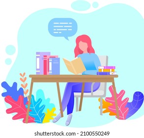 Young woman reading book, studying at home, book lovers hobby. Student resting with book, female character is fond of literature, enjoys reading, gets education