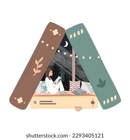 Young woman reading a book in the tent from books. Book lovers themed illustration in minimal flat style, vector, cartoon vector illustration