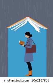 Young woman reading a book under a giant book covering her from rain like an umbrella, EPS 8 vector illustration