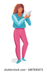 Young woman reading a book vector trendy flat illustration isolated on white, knowledge learning education, self-education, fiction literature.