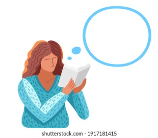 Young woman reading a book vector trendy flat illustration isolated on white, knowledge learning education, self-education, fiction literature.