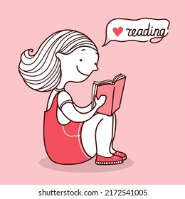 Young woman reading book. Vector hand drawn pink card illustration with teenager girl reading book 