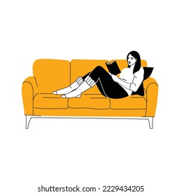 Young woman reading book vector background. Relaxed girl comfortable sitting on the sofa and reading, isolated on white backdrop. Modern home interior illustration.