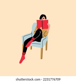 Young woman reading book vector background. Relaxed girl comfortable sitting on the sofa and reading, isolated on white backdrop. Modern home interior illustration.