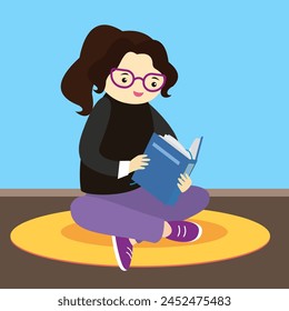 Young woman reading a book. Vector illustration in a flat style.