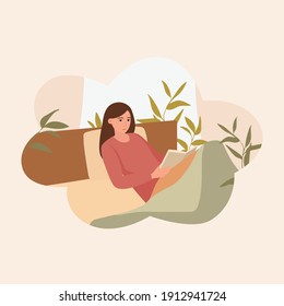 A young woman is reading a book while lying on the bed. Illustration of a holiday home surrounded by indoor plants.