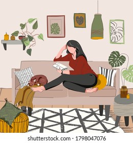 Joven leyendo un libro. Blanca y hermosa chica en el interior de casa con plantas, relajantes conceptos de hogar y confort. Estilo de vida diario de las niñas, escena cotidiana de rutina. Hobby, amante de los libros, concepto interior.