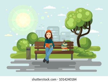 Young woman reading books outdoor on the bench in spring city park. Education, reading, studying vector illustration.