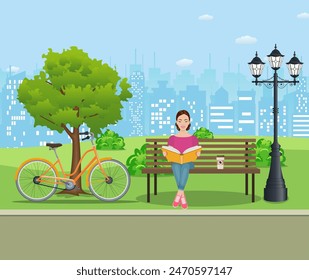 Young woman reading books outdoor on the bench in city park. Education, reading, studying. Vector illustration in flat style