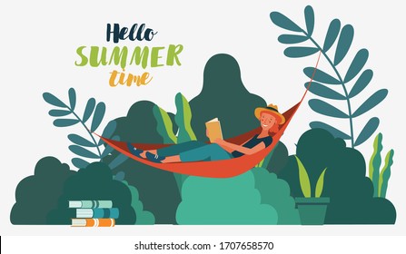 Young woman reading books in the  park. Summer landscape background. Holidays time.  Back to school, Study, Learning, Knowledge and Education vector concept