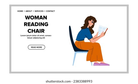 young woman reading chair vector. relax person, lifestyle home, sitting comfort young woman reading chair web flat cartoon illustration