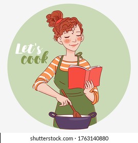 Young woman reading cookbook and cooking. Young woman cooking in the kitchen. Healthy food illustration. Healthy lifestyle concept. Cooking At Home. Prepare Food stock illustration