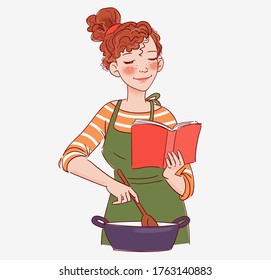 Young woman reading cookbook and cooking. Young woman cooking in the kitchen. Healthy food illustration. Healthy lifestyle concept. Cooking At Home. Prepare Food stock illustration