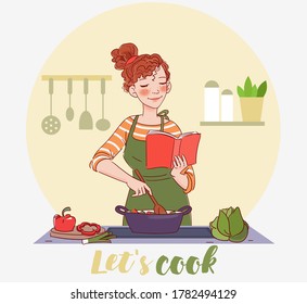 Young woman reading cookbook and cooking. Young woman cooking in the kitchen. Healthy food illustration. Healthy lifestyle concept. Cooking At Home. Prepare Food stock illustration