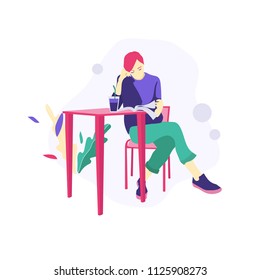 Young woman reading and drinking coffee in cafe. Coffee shop, freelance worker, student with book vector illustration