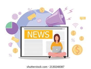 Young woman reading global news online from laptop. Devices usability concept illustration.