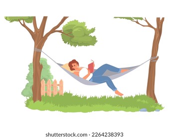 Young woman reading in hammock flat cartoon vector illustration. Girl book lover lying on hanging bed at backyard. Summer holiday vacation and studying education