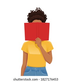 Young woman reading hiding behind book isolated vector illustration