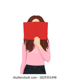 Mujer joven leyendo escondiéndose detrás de un libro ilustración vector aislada