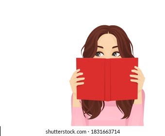 Young woman reading hiding behind book and looking away isolated vector illustration