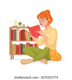 Young woman reading an interesting book at home. Cartoon vector illustration isolated on white background.